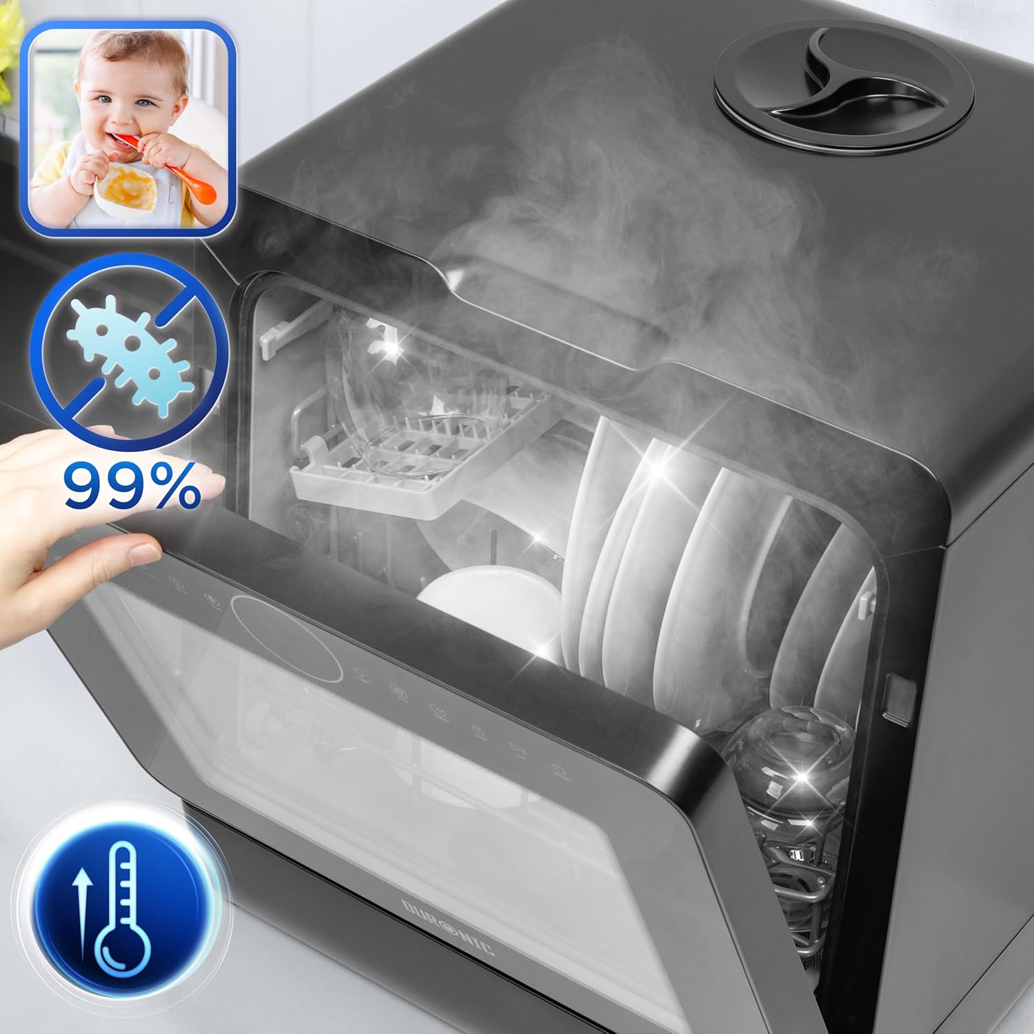 Duronic DW5 BK Lavavajillas de sobremesa 950W Lavavajillas de encimera, Mini Lavavajillas portátil compacto, Ahorrar espacio en cocinas pequeñas, 7 programas de lavado, Secado eficaz práctico