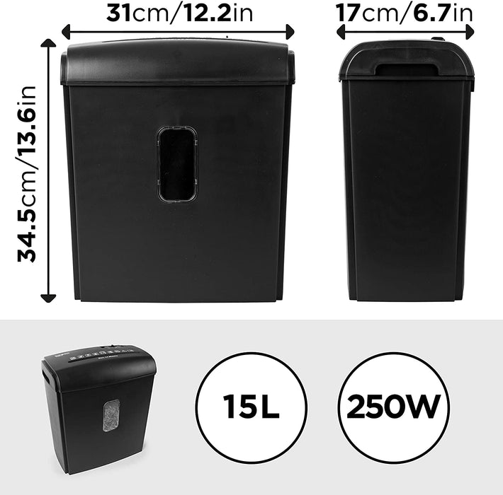 Duronic PS815 Destructora trituradora de papel | 8 hojas A4 a la vez |15L y 250W | Corte cruzado máxima seguridad | Garantiza cumplimiento de LOPD | Papelera escritorio y oficina