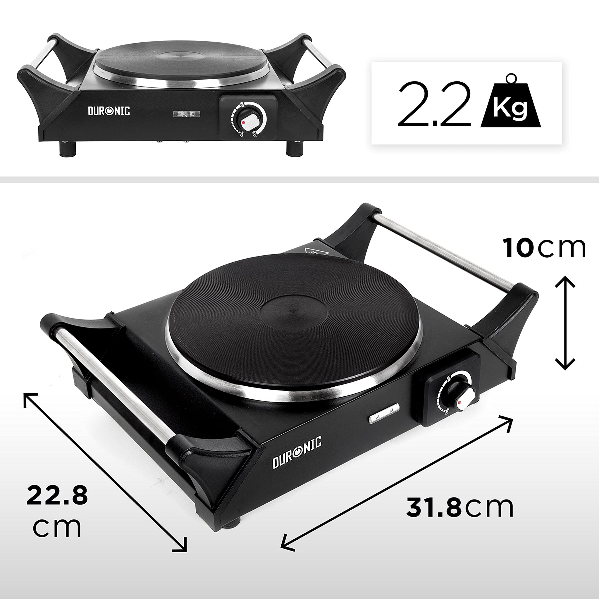 Duronic HP1 BK Hornillo eléctrico Portátil 1500W diámetro 187mm y Termostato Regulable | Placa de Cocción Eléctrica de Acero Inoxidable con Asas Calientaplatos | Ideal para camping