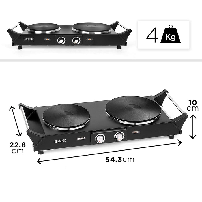 Duronic HP2 BK Hornillo eléctrico Portátil 2500W con 2 Fuegos diámetro 187mm y 152mm y Termostato Regulable | Placa de Cocción Eléctrica de Acero Inoxidable con Asas Calientaplatos | Ideal para camping