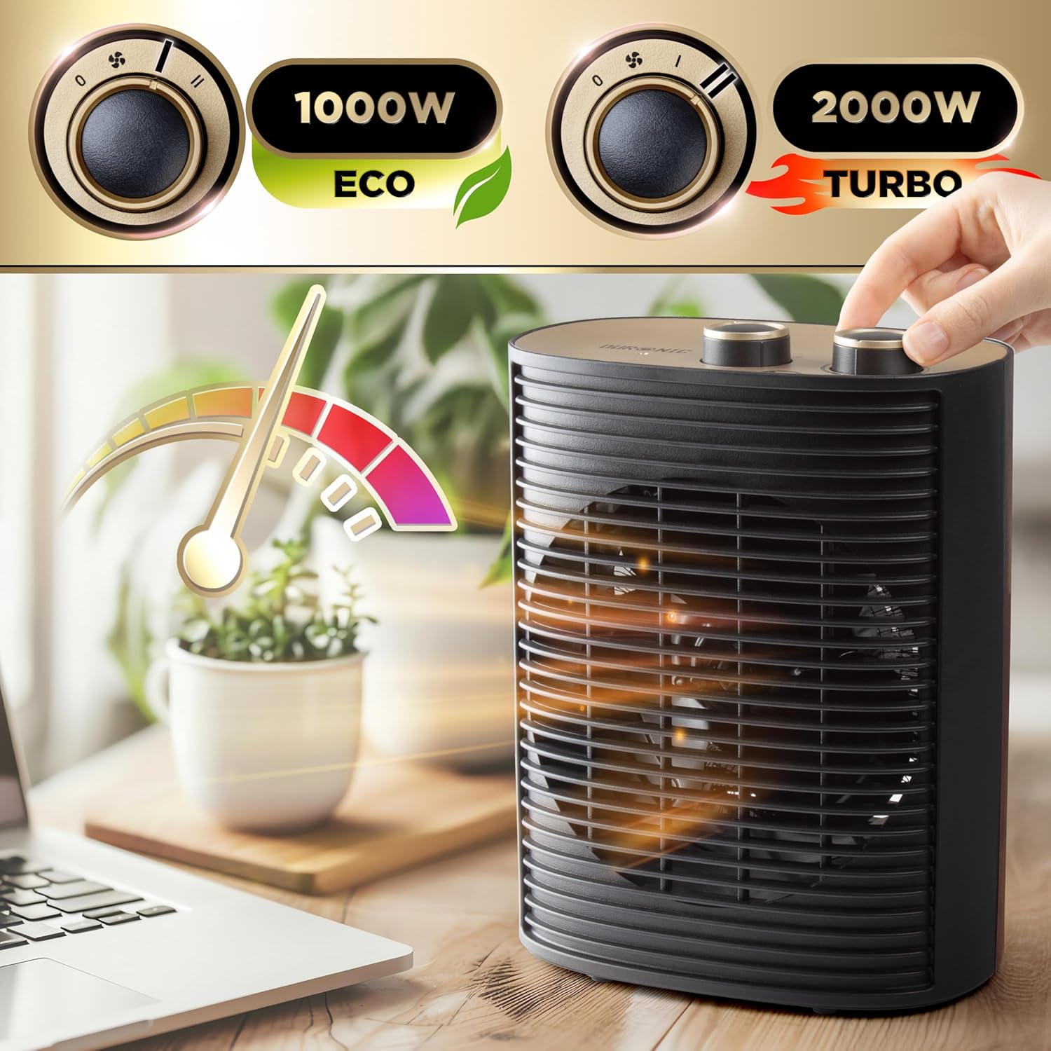 Duronic HV32 BK, Termoventilador 2000 W, Calefactor Eléctrico Bajo Consumo | Mostrando los niveles de potencia del termoventilador mediante un primer plano de los diales superiores: el modo ECO de 1000 W y el modo Turbo de 2000 W, mientras una mano ajusta el selector sobre una mesa de madera junto a una laptop y una maceta