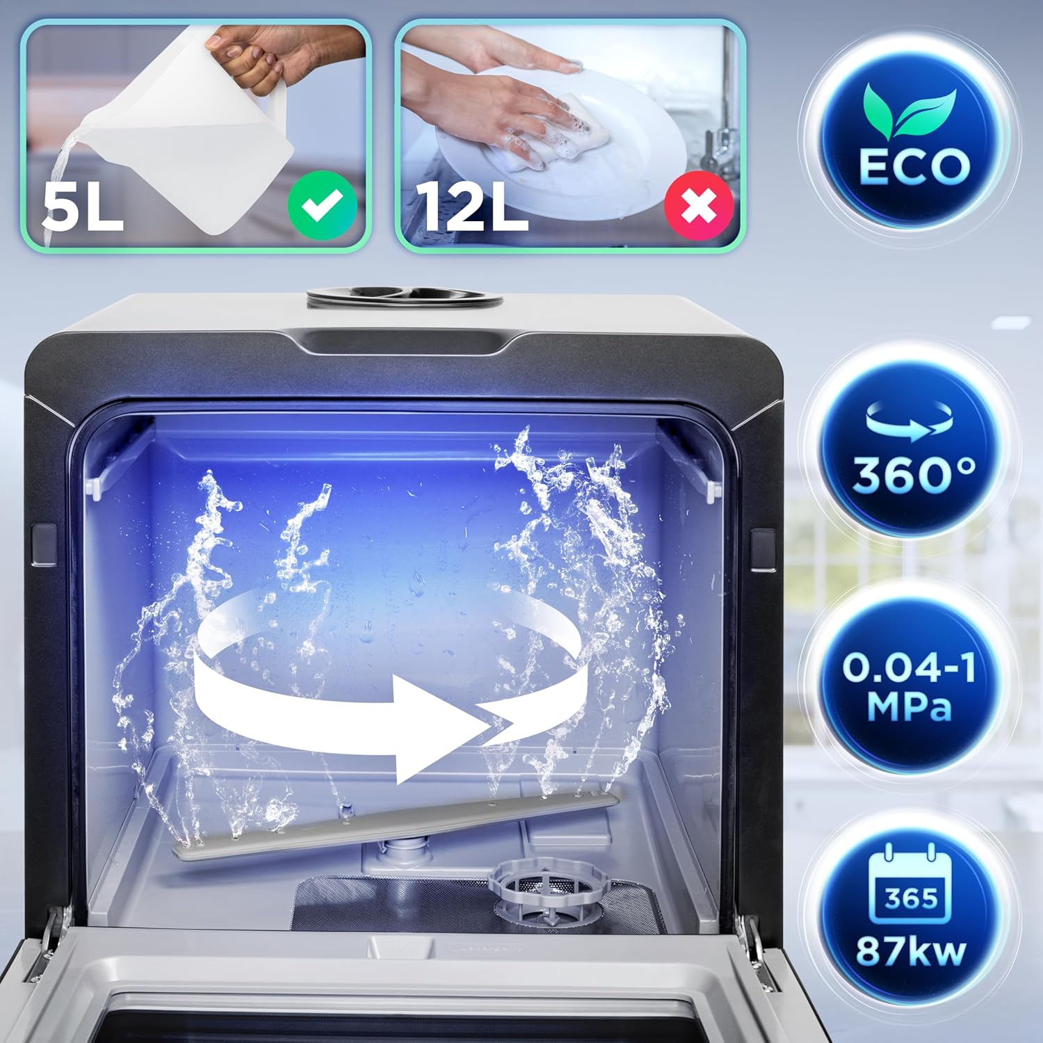 Duronic DW5 BK Lavavajillas de sobremesa 950W Lavavajillas de encimera, Mini Lavavajillas portátil compacto, Ahorrar espacio en cocinas pequeñas, 7 programas de lavado, Secado eficaz práctico
