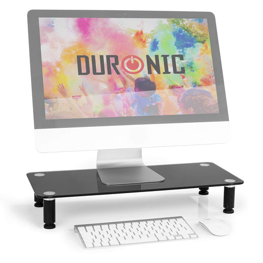 Duronic DM052 2 Elevador para Pantalla|Patas Regulables Antideslizantes|Superficie de 56 x 24 cm | Hasta 20 kg | Cristal negro| Soporte ergonómico para Oficina Escritorio Ordenador Portátil Televisor