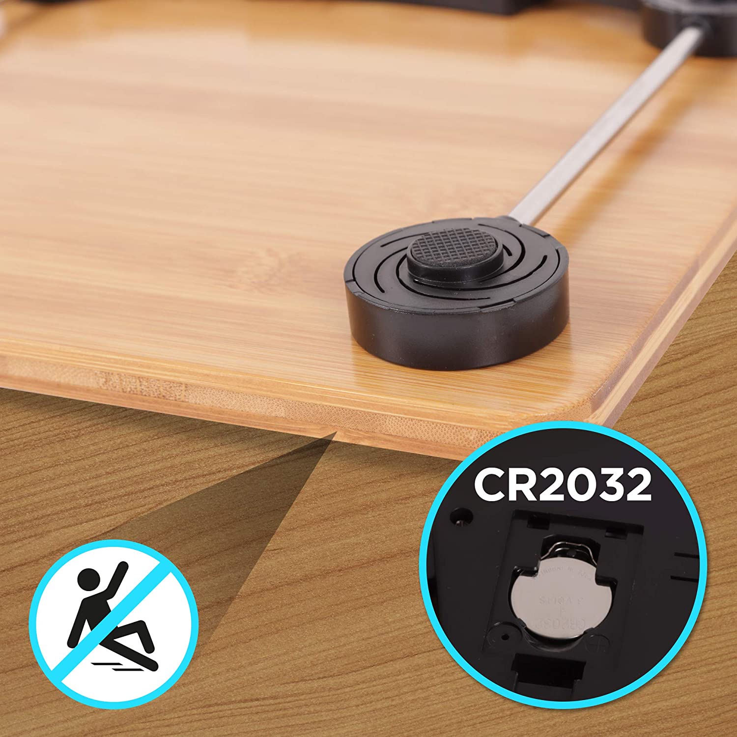 Duronic BS503 Báscula Personal Digital de 180 kg, Gran Pantalla LCD Mostrando el compartimento para la pila tipo CR2032 en la parte inferior de la báscula y un ícono de advertencia de precaución contra resbalones