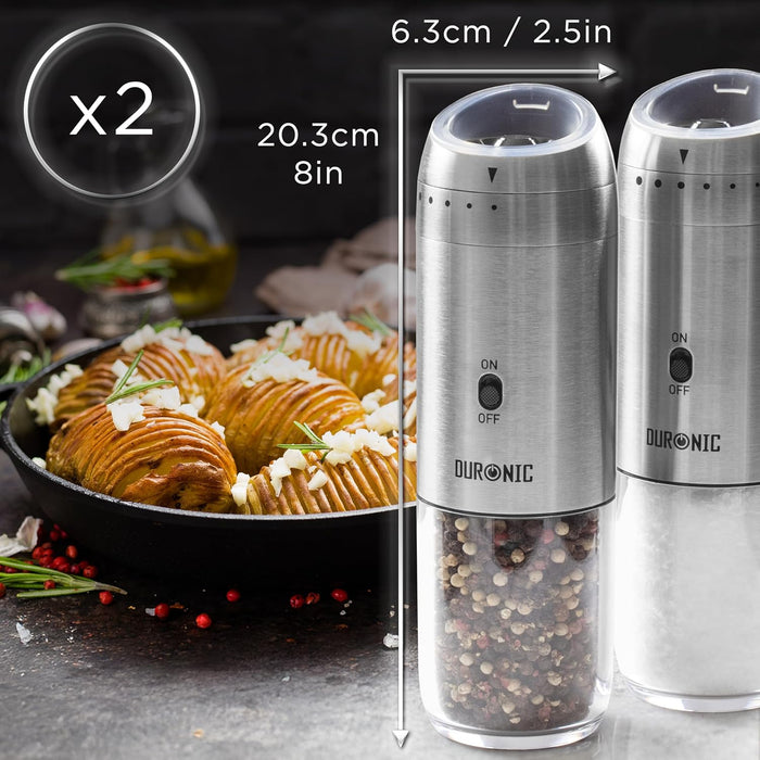 Duronic EMU3 Set 2 Molinillos Eléctricos Sal y Pimienta Automáticos - Molinos de Especias 150 ml LED Ajuste Preciso de Molienda Portátiles Recargables USB-C con Base Fácil y Práctico