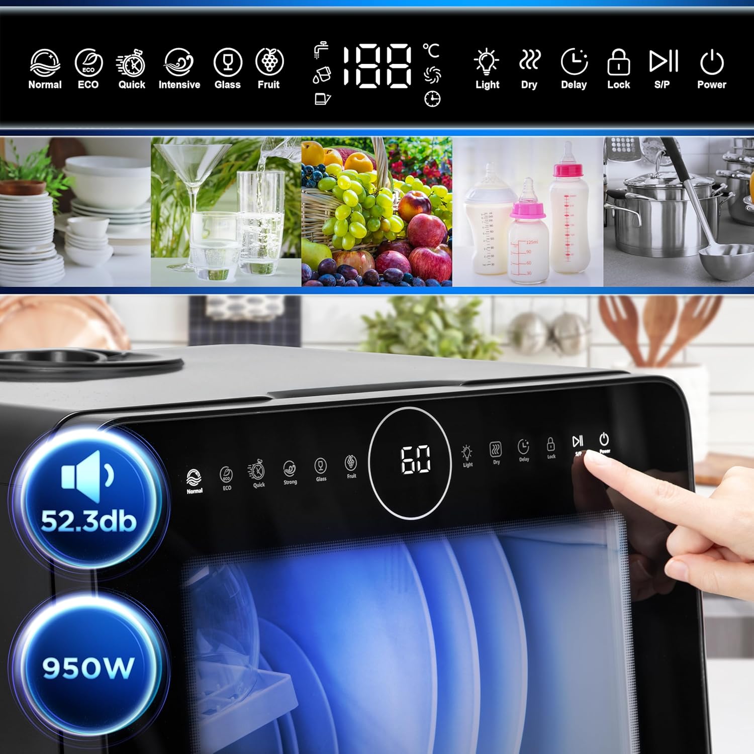 Duronic DW5 BK Lavavajillas de sobremesa 950W Lavavajillas de encimera, Mini Lavavajillas portátil compacto, Ahorrar espacio en cocinas pequeñas, 7 programas de lavado, Secado eficaz práctico