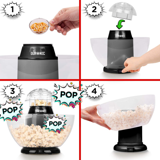 Duronic POP50 BK Máquina de Palomitas | 1200W y Preparación en 3 minutos | Cucharón medidor Sin Aceite Sistema de Cocción de Aire Caliente | Taza medidora y recipiente sin BPA incluido | Palomitero