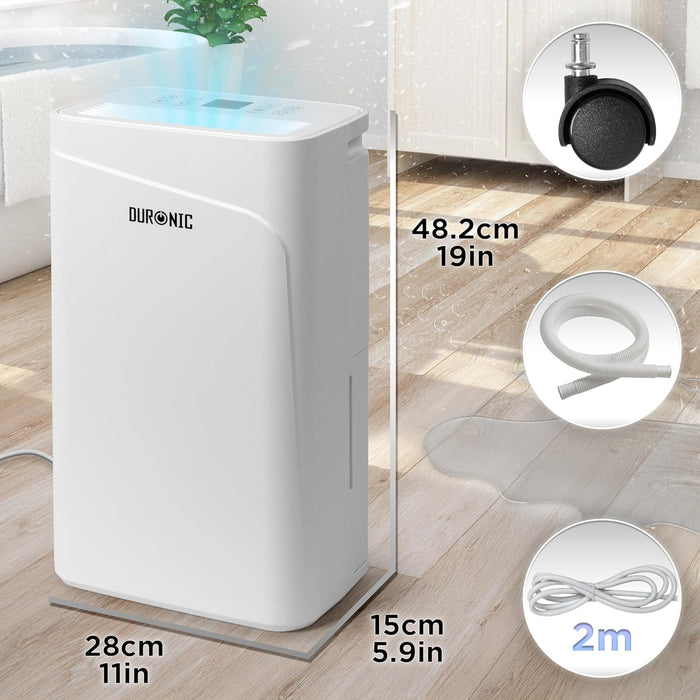 Duronic DH121 Deshumidificador 300W hasta 12L/día Depósito 2,1L con drenaje continuo Temporizador 1-24h Control humedad 30-80% Silencioso 36dB portátil con ruedas para hogar oficina sótano