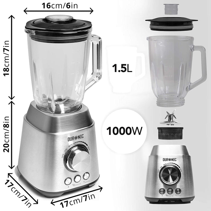 Duronic BL102 Batidora de vaso de 1000W y Jarra cristal de 1.5L | Cuchillas Desmontables | 3 Funciones Pulse Picar Hielo y Smoothie | Prepare sanos Smoothies Batidos Salsas y Gazpachos en 50 segundos