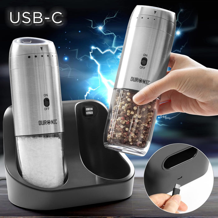 Duronic EMU3 Set 2 Molinillos Eléctricos Sal y Pimienta Automáticos - Molinos de Especias 150 ml LED Ajuste Preciso de Molienda Portátiles Recargables USB-C con Base Fácil y Práctico