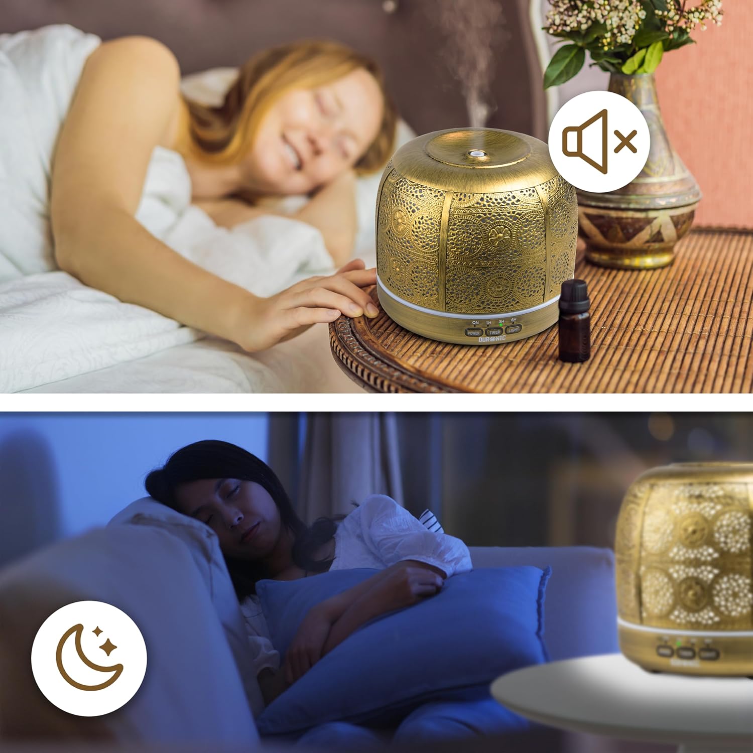 Duronic AD43 Difusor de Aromas y Brumizador de Aceites Esenciales Mostrando el uso silencioso del difusor de aromaterapia dorado durante la noche, con una persona durmiendo tranquilamente en la cama y otra descansando en el sofá mientras el dispositivo emite bruma con iluminación ambiental suave