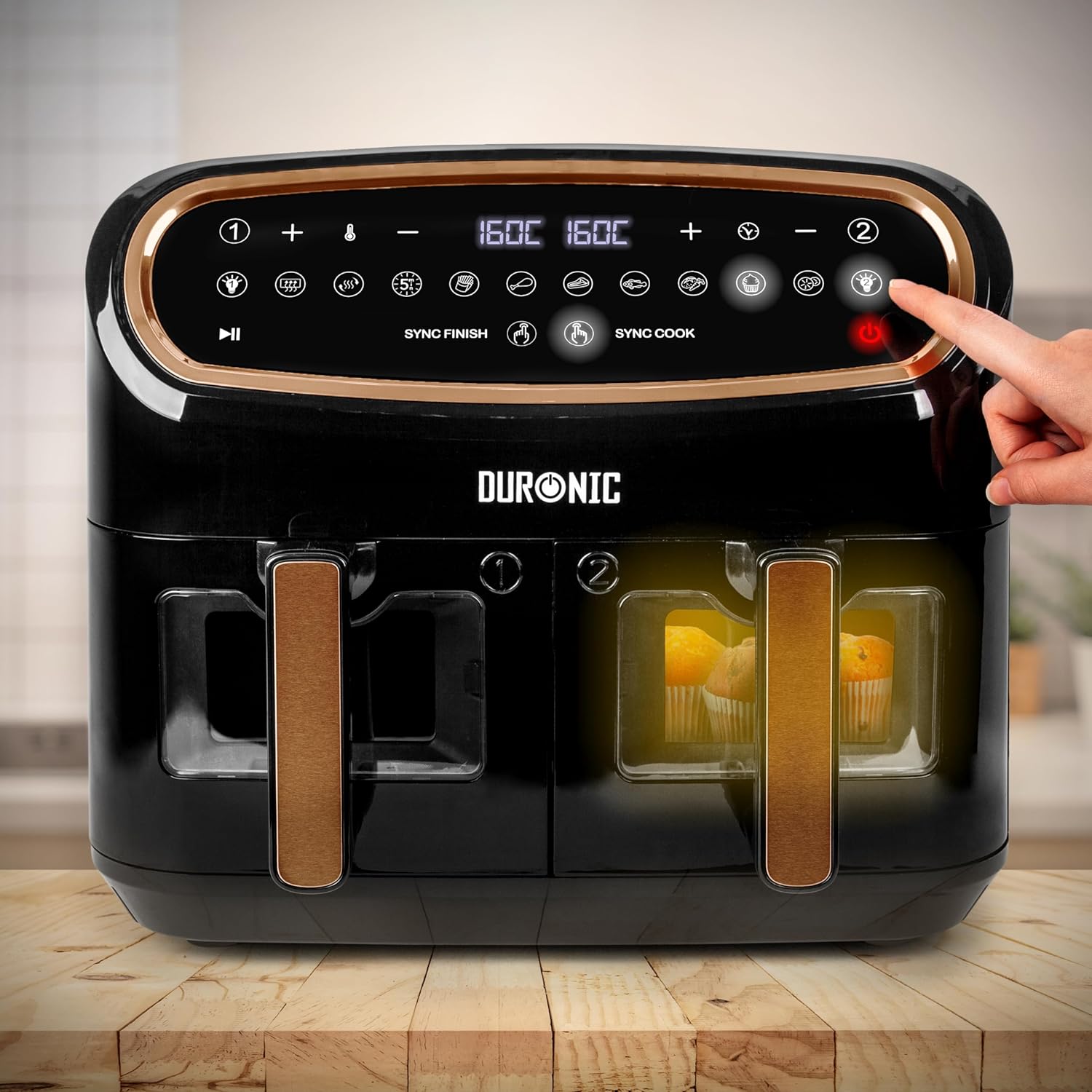 Duronic AF34 BG Freidora de aire sin aceite 2400 W | Air Fryer 2 cestas 5L + 1 cesta 10L con Ventana | Airfryer 10 programas | Pantalla táctil | Cestas antiadherentes | Fácil de limpiar | 50-200º