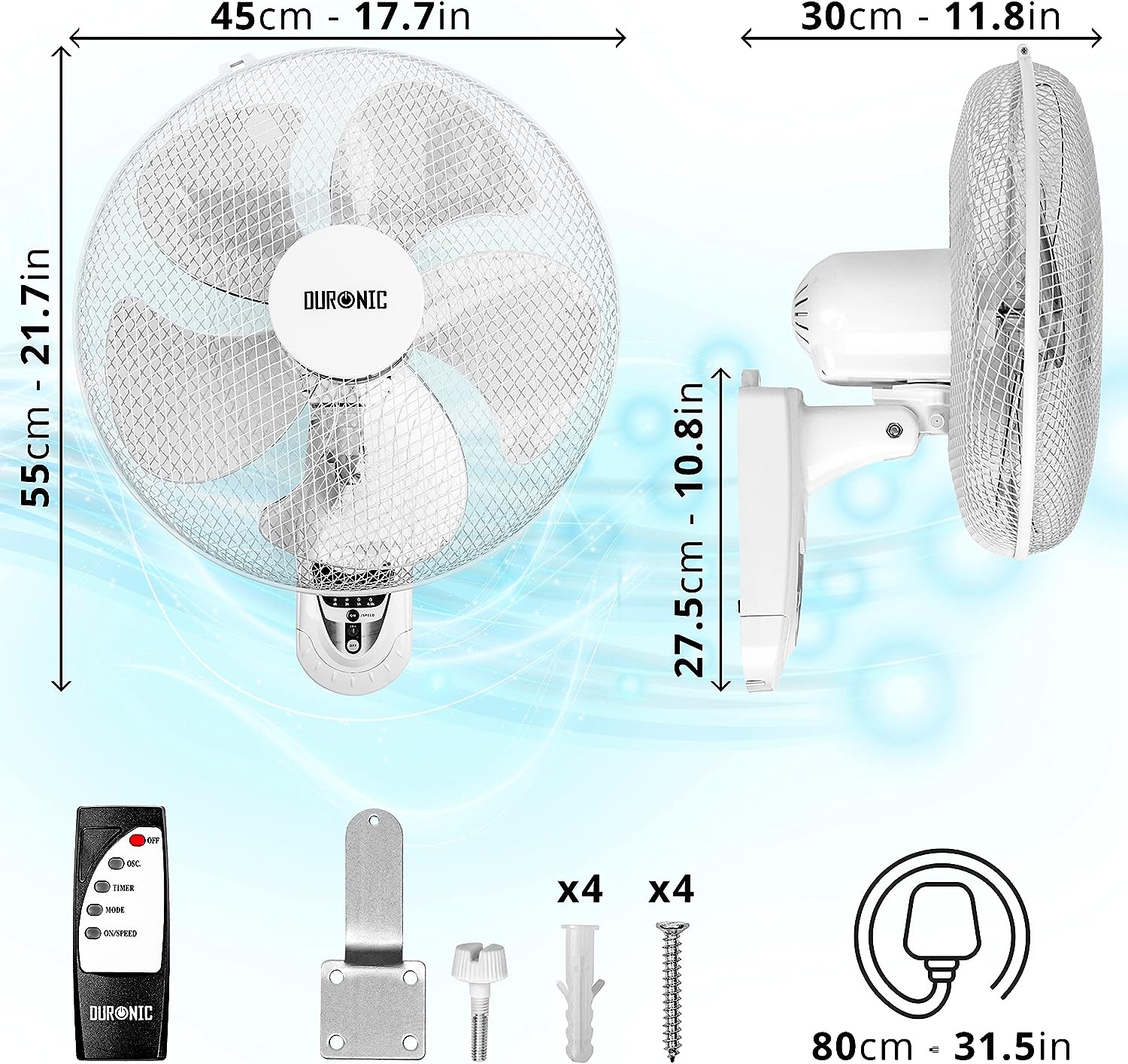 Duronic FN55 WE Ventilador de Pared Oscilante 60 W con Mando a distancia Temporizador y 3 velocidades | Potente con 5 Aspas y Hélice de 40 cm | Cabezal Ajustable e Inclinable | Instalación sencilla