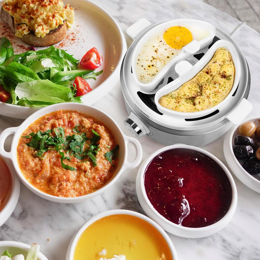 Duronic EB40 WE Hervidor de huevos | Potencia 400W | 7 huevos | Cocción con termostato y minutero | Huevos duros, huevos mollet, huevos pasados por agua | Apagado automático | Accesorio para escalfar