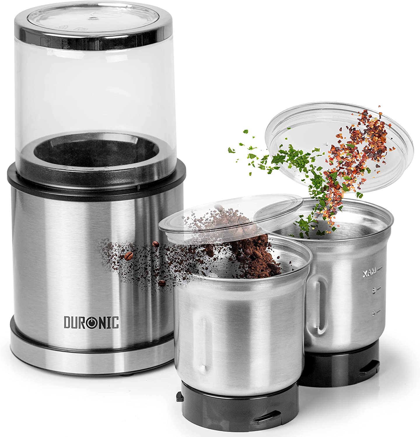 Duronic CG421 Molinillo de café y especias 2 en 1 | Molinillo eléctrico para ingredientes secos y húmedos 200 W con 2 recipientes | Capacidad 75g y 220ml |Hierbas Especias Frutos Secos Semillas