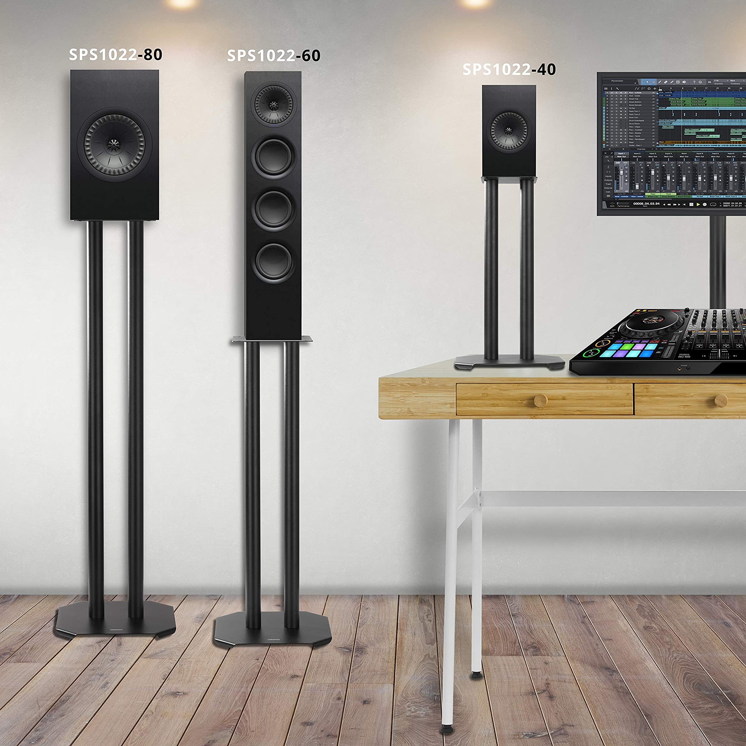 Duronic SPS1022 80 Set de 2 Soportes para Altavoz | 80cm de Altura | Base de 24x24cm y Plataforma de 16x16cm | Capacidad 5kg | Clavos Antivibración para Estabilidad y 8 Almohadillas amortiguadoras