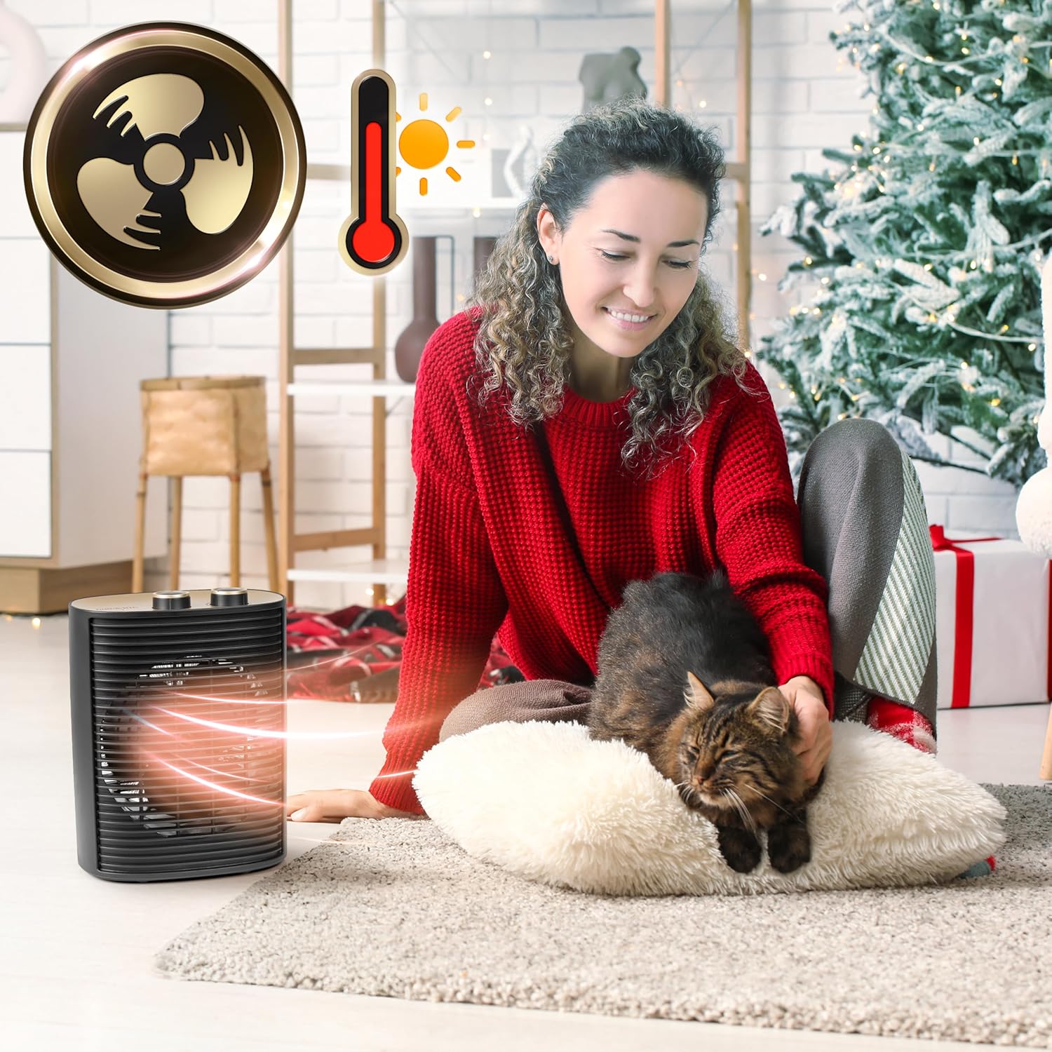 Duronic HV32 BK, Termoventilador 2000 W, Calefactor Eléctrico Bajo Consumo | Mostrando a una mujer sonriente sentada en una alfombra acariciando a un gato sobre un cojín, mientras el termoventilador negro emite calor hacia ellos en una sala de estar decorada con temática navideña