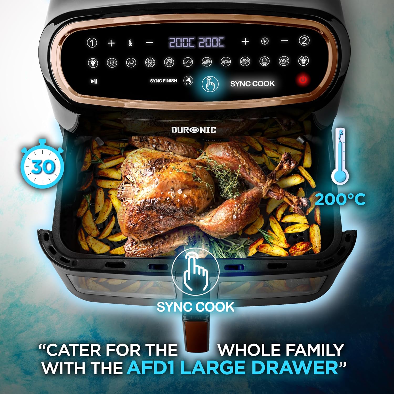 Duronic AF34 BG Freidora de aire sin aceite 2400 W | Air Fryer 2 cestas 5L + 1 cesta 10L con Ventana | Airfryer 10 programas | Pantalla táctil | Cestas antiadherentes | Fácil de limpiar | 50-200º