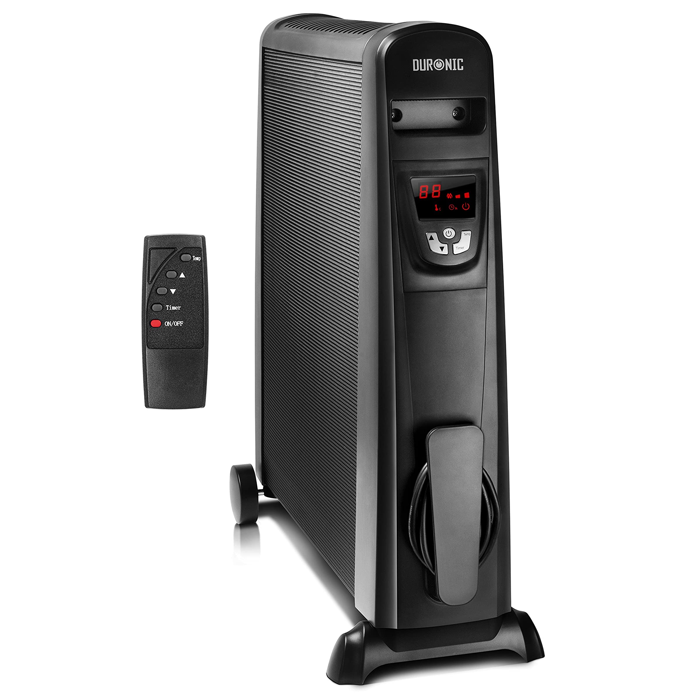 Duronic HV102 Calefactor eléctrico | Termostato regulable de 2500W | Sin aceite Bajo Consumo | Calentamiento en 1 min | Ruedas Integradas Mando a Distancia y Pantalla Digital | Ligero Estufa Radiador