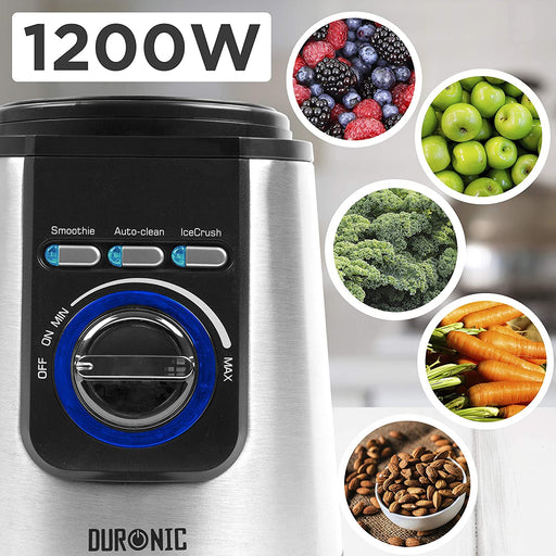 Duronic BL1200T Batidora de Vaso 1200W potencia | Licuadora Profesional Función Autolimpieza y Jarra Tritan de 1.8L sin BPA|Cuchillas Acero Inoxidable |Funciones Pica Hielo Batidos Smoothies Gazpachos