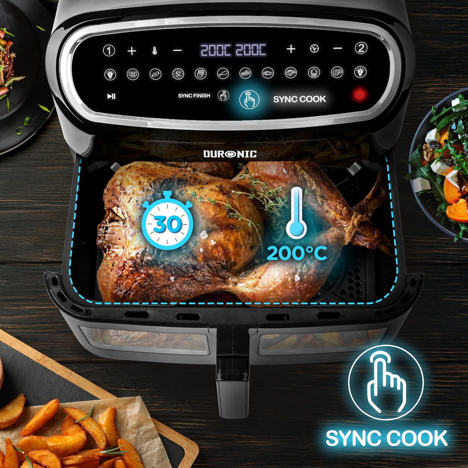 Duronic AF14 BK Freidora de aire sin aceite 2400 W | Air Fryer 1 cesta 10L con Ventana | Airfryer 10 programas | Pantalla táctil | Cestas antiadherentes | Fácil de limpiar | 50-200º