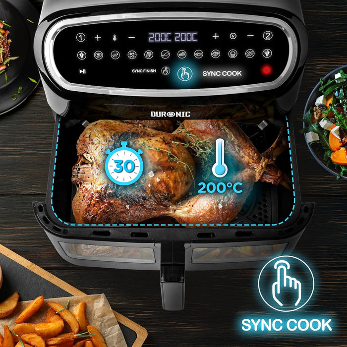 Duronic AF14 BK Freidora de aire sin aceite 2400 W | Air Fryer 1 cesta 10L con Ventana | Airfryer 10 programas | Pantalla táctil | Cestas antiadherentes | Fácil de limpiar | 50-200º