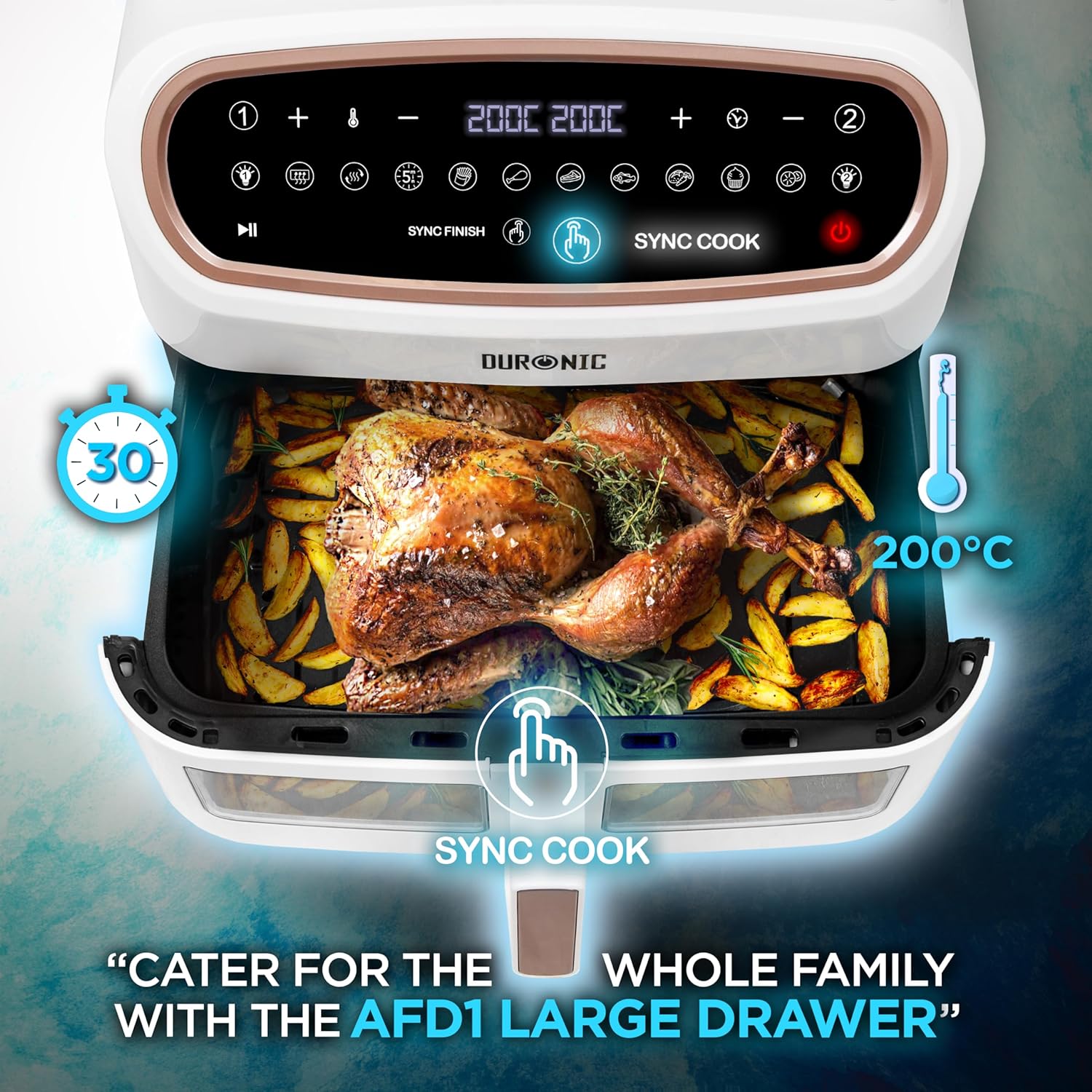 Duronic AF34 WG Freidora de aire sin aceite 2400 W | Air Fryer 2 cestas 5L + 1 cesta 10L con Ventana | Airfryer 10 programas | Pantalla táctil | Cestas antiadherentes | Fácil de limpiar | 50-200º