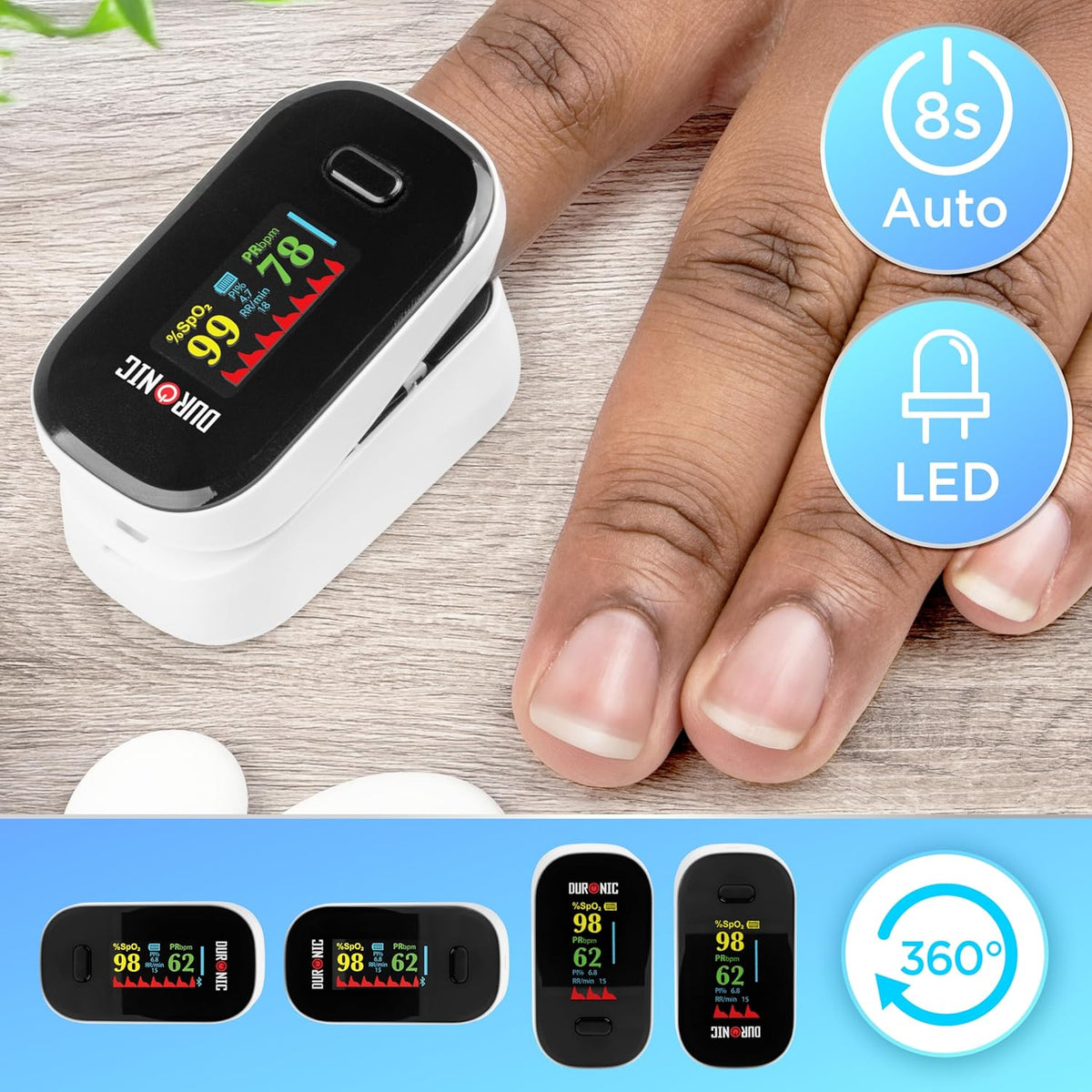 Duronic OX02 Pulsioxímetro de Dedo Profesional, Medición SpO2 y Pulso | Mostrando el pulsioxímetro en funcionamiento sobre un dedo, con iconos circulares que destacan el apagado automático a los 8 segundos y la pantalla LED, además de mostrar en la parte inferior las diferentes orientaciones de visualización de la pantalla en 360 grados