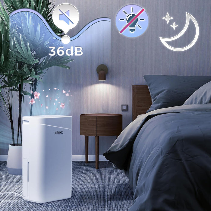 Duronic DH121 Deshumidificador 300W hasta 12L/día Depósito 2,1L con drenaje continuo Temporizador 1-24h Control humedad 30-80% Silencioso 36dB portátil con ruedas para hogar oficina sótano
