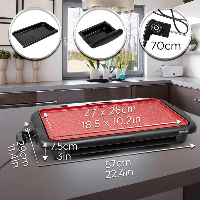 Duronic GP25 Plancha Eléctrica Teppanyaki 2000W 47x26 cm Cerámica Titanio, Antiadherente, Hasta 225 °C, Bandeja Inferior para Tostar y Mantener Caliente, Recogegrasas Extraíble, Asas de Tacto Frío