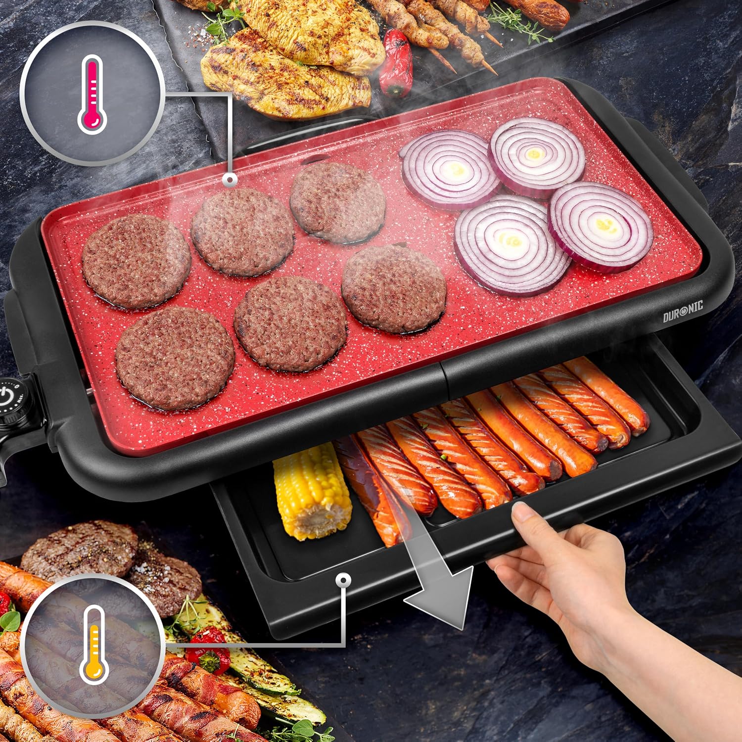 Duronic GP25 Plancha Eléctrica Teppanyaki 2000W 47x26 cm Cerámica Titanio, Antiadherente, Hasta 225 °C, Bandeja Inferior para Tostar y Mantener Caliente, Recogegrasas Extraíble, Asas de Tacto Frío
