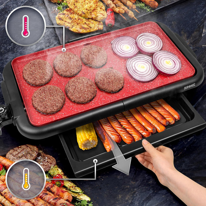 Duronic GP25 Plancha Eléctrica Teppanyaki 2000W 47x26 cm Cerámica Titanio, Antiadherente, Hasta 225 °C, Bandeja Inferior para Tostar y Mantener Caliente, Recogegrasas Extraíble, Asas de Tacto Frío