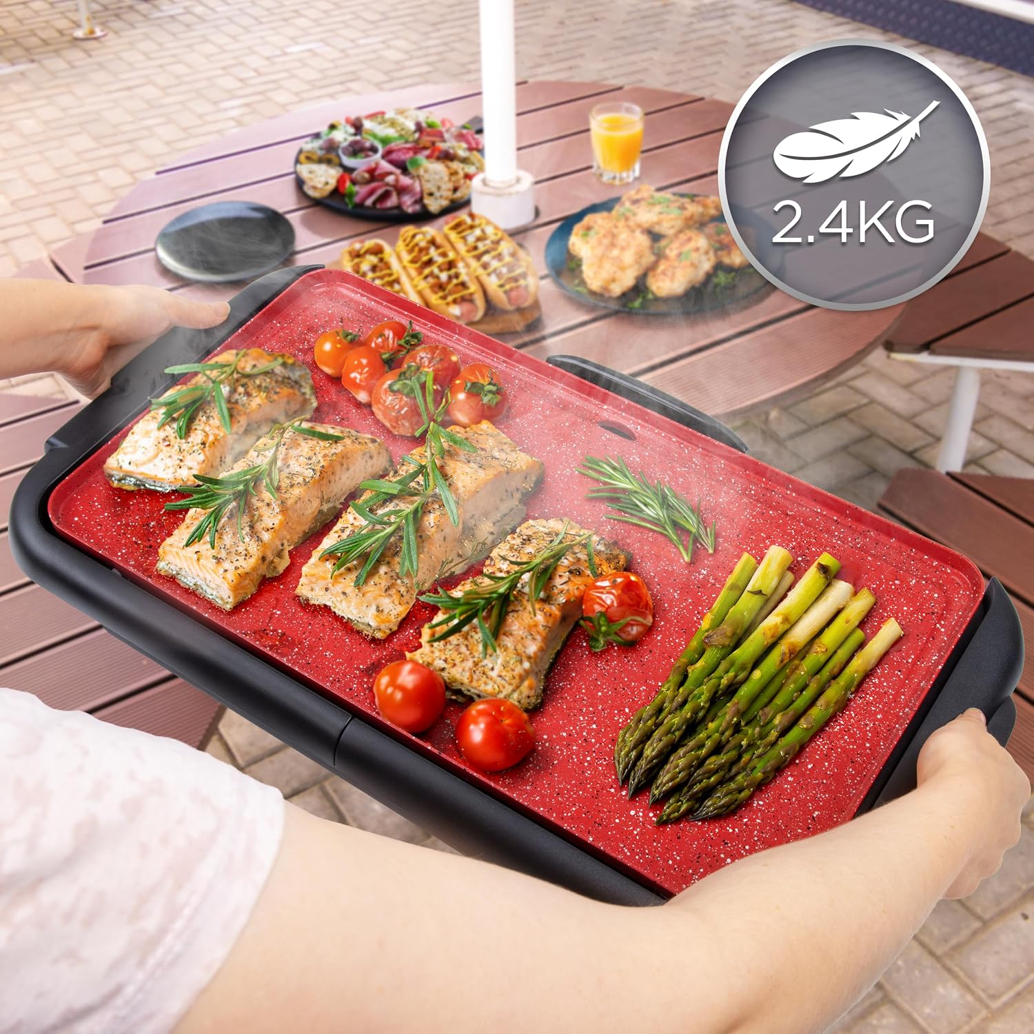 Duronic GP25 Plancha Eléctrica Teppanyaki 2000W 47x26 cm Cerámica Titanio, Antiadherente, Hasta 225 °C, Bandeja Inferior para Tostar y Mantener Caliente, Recogegrasas Extraíble, Asas de Tacto Frío