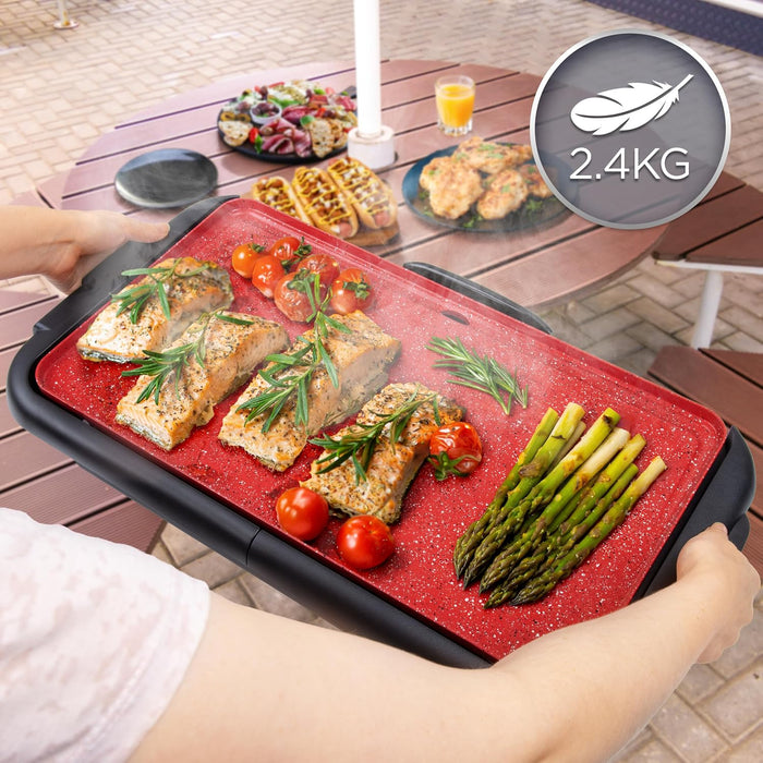 Duronic GP25 Plancha Eléctrica Teppanyaki 2000W 47x26 cm Cerámica Titanio, Antiadherente, Hasta 225 °C, Bandeja Inferior para Tostar y Mantener Caliente, Recogegrasas Extraíble, Asas de Tacto Frío