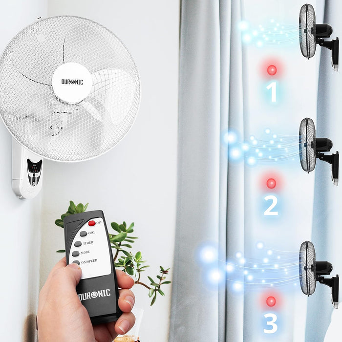 Duronic FN55 WE Ventilador de Pared Oscilante 60 W con Mando a distancia Temporizador y 3 velocidades | Potente con 5 Aspas y Hélice de 40 cm | Cabezal Ajustable e Inclinable | Instalación sencilla