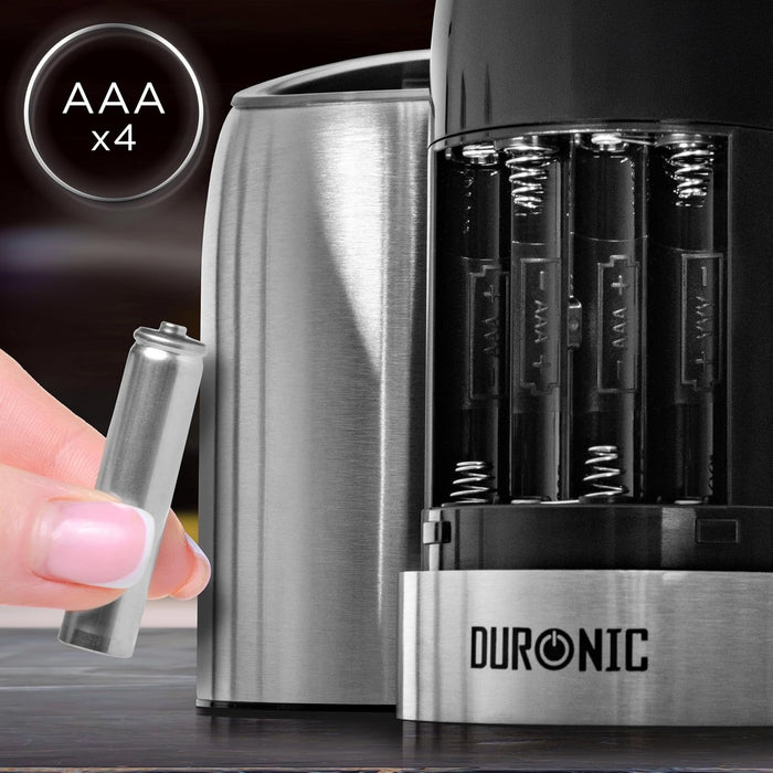 Duronic EMB1 Molinillo Eléctrico Sal y Pimienta Automático - Molino de Especias de 150 ml y Luz LED, Ajuste Preciso de Molienda, Portátil, Funciona con pilas AAA, Fácil y Práctico