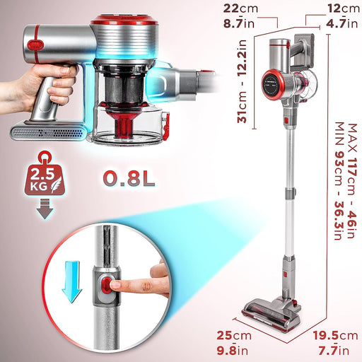 Duronic Aspirador sin Cable VC24 [con 1 batería] Aspirador de Varilla 220 W y Filtro HEPA | Aspirador Ligero De Pie para Moquetas y Suelos Duros | Potencia de succión Regulable | Batería Recargable