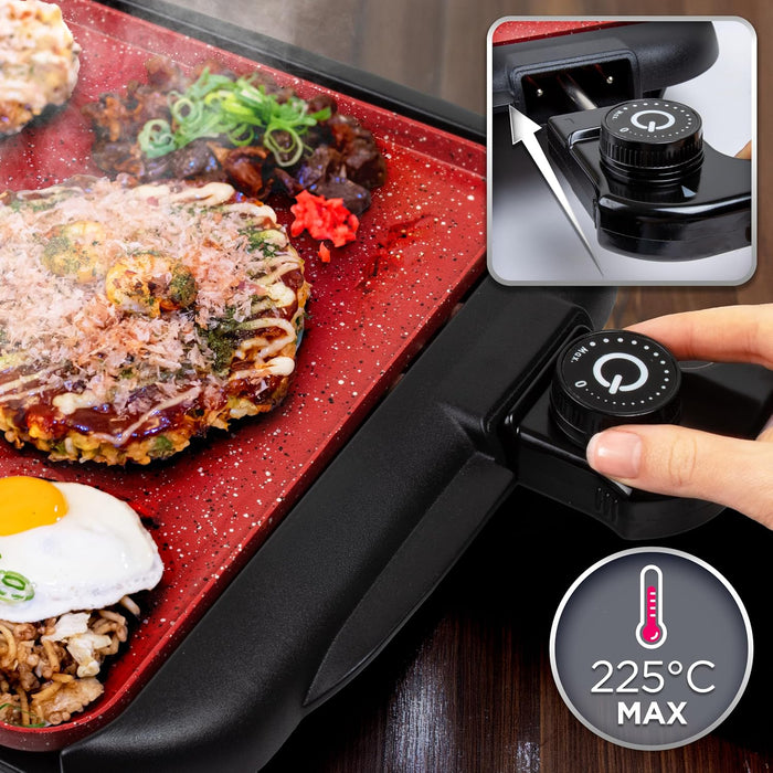 Duronic GP25 Plancha Eléctrica Teppanyaki 2000W 47x26 cm Cerámica Titanio, Antiadherente, Hasta 225 °C, Bandeja Inferior para Tostar y Mantener Caliente, Recogegrasas Extraíble, Asas de Tacto Frío