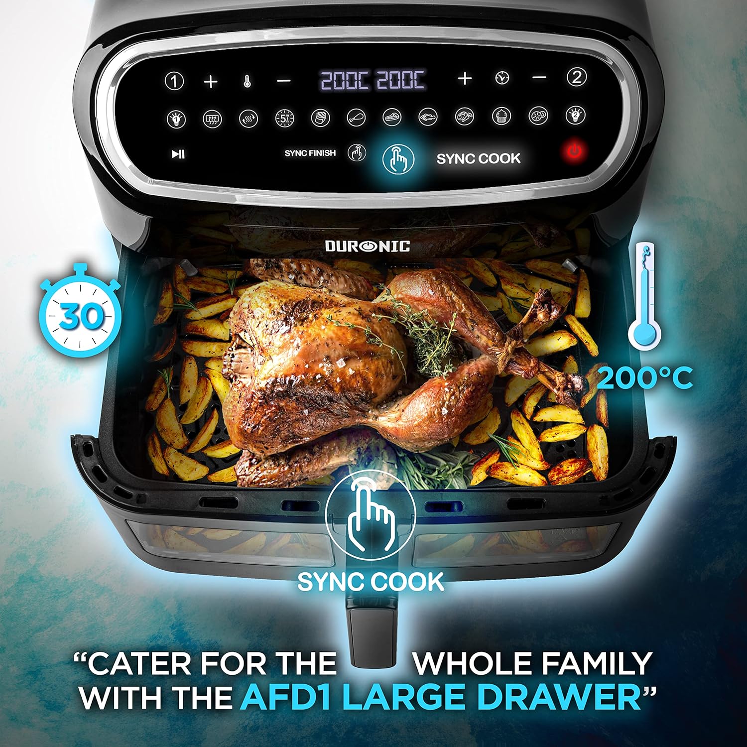 Duronic AF34 BK Freidora de aire sin aceite 2400 W | Air Fryer 2 cestas 5L + 1 cesta 10L con Ventana | Airfryer 10 programas | Pantalla táctil | Cestas antiadherentes | Fácil de limpiar | 50-200º