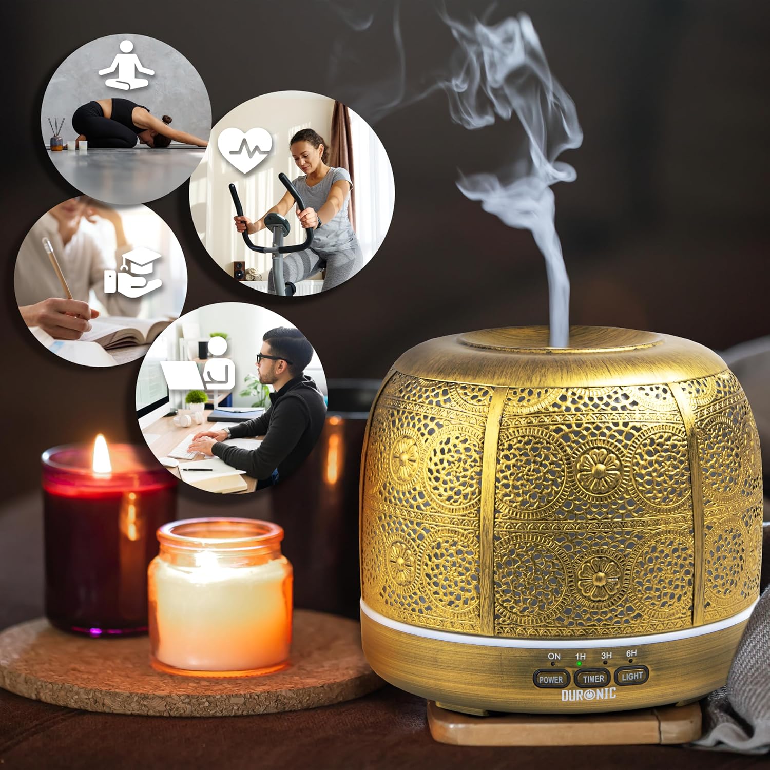 Duronic AD43 Difusor de Aromas y Brumizador de Aceites Esenciales Mostrando el difusor de aromaterapia dorado de 500 ml en funcionamiento, emitiendo bruma por la parte superior y acompañado de velas encendidas e imágenes circulares que ilustran su uso en diversas actividades cotidianas como yoga, ejercicio estático, estudio y trabajo en ordenador
