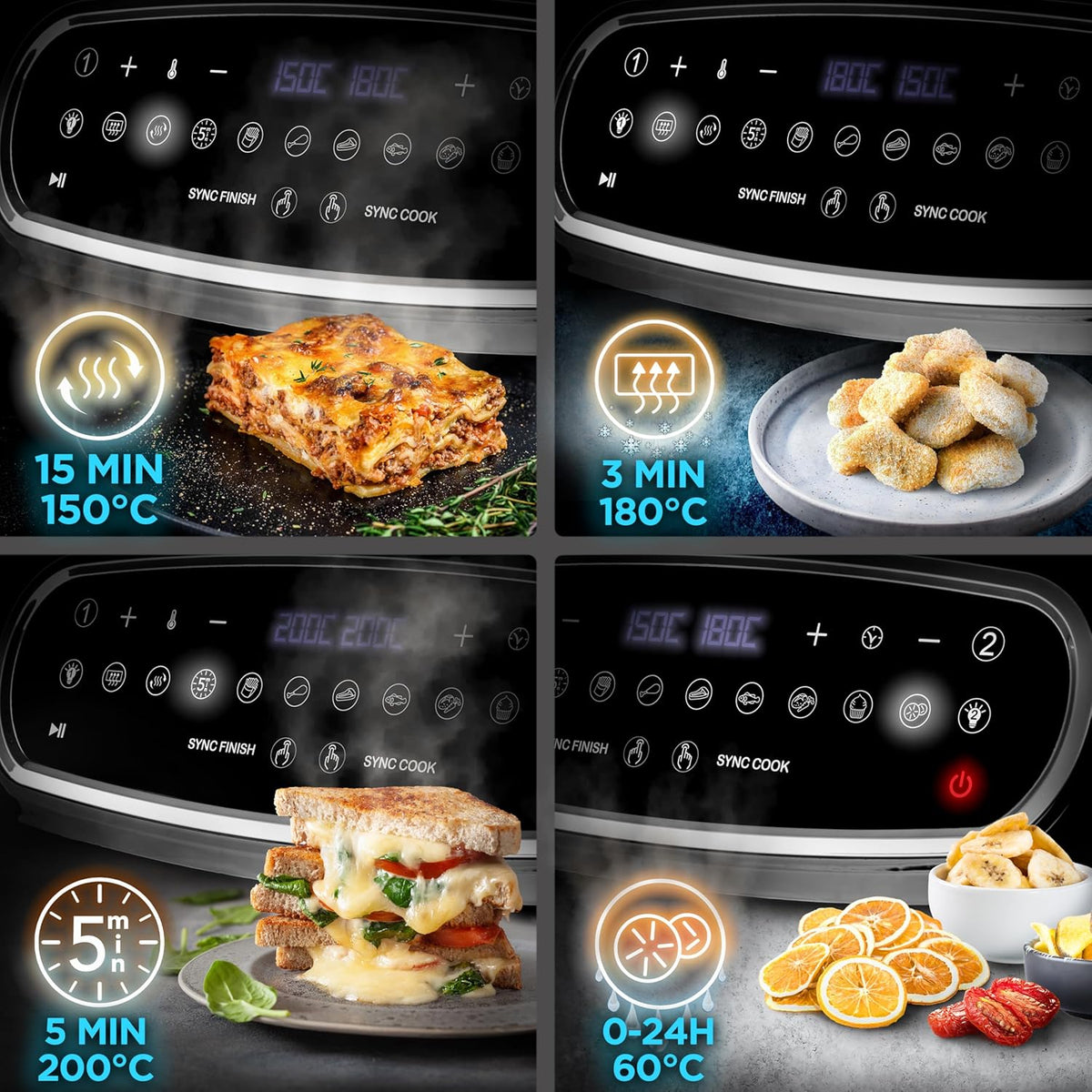 Duronic AF14 BK Freidora de Aire sin Aceite 2400 W, 1 Cesta 10L con Ventana | Mostrando la multifuncionalidad de la freidora en cuatro paneles con distintas funciones y temperaturas: calentar alimentos a 150°C por 15 minutos, descongelar a 180°C por 3 minutos, cocinar sándwiches o tostadas a 200°C por 5 minutos, y deshidratar frutas o alimentos con un rango de 0 a 24 horas a 60°C