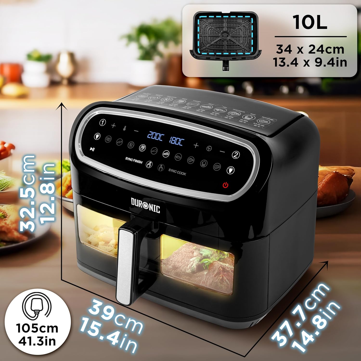 Duronic AF14 BK Freidora de Aire sin Aceite 2400 W, 1 Cesta 10L con Ventana | Mostrando un diagrama detallado con las dimensiones físicas de la freidora de aire de 10L: una altura de 32.5 cm (12.8 pulgadas), un ancho de 39 cm (15.4 pulgadas), una profundidad de 37.7 cm (14.8 pulgadas), una longitud de cable de 105 cm (41.3 pulgadas), y las medidas de la cesta y la placa interior de 34 x 24 cm (13.4 x 9.4 pulgadas)