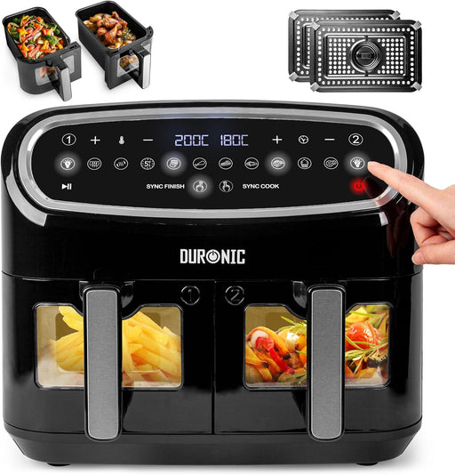 Duronic AF24 Freidora de Aire 2400 W, 2 Cestas de 5 L con Ventana, 50-200° | Mostrando la freidora de aire doble en color negro con detalles plateados, con sus dos cestas de 5 litros equipadas con ventanas de visualización y asas frontales, panel de control digital superior táctil, y vistas superiores de las cestas con alimentos y placas antiadherentes