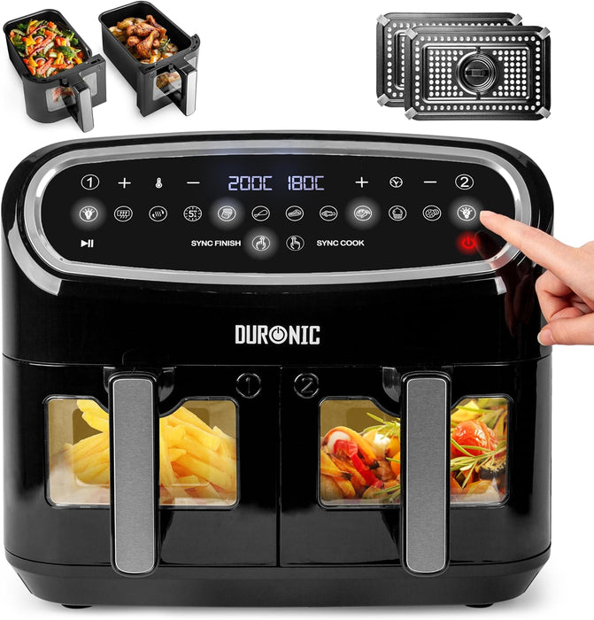 Duronic AF24 Freidora de Aire 2400 W, 2 Cestas de 5 L con Ventana, 50-200° | Mostrando la freidora de aire doble en color negro con detalles plateados, con sus dos cestas de 5 litros equipadas con ventanas de visualización y asas frontales, panel de control digital superior táctil, y vistas superiores de las cestas con alimentos y placas antiadherentes