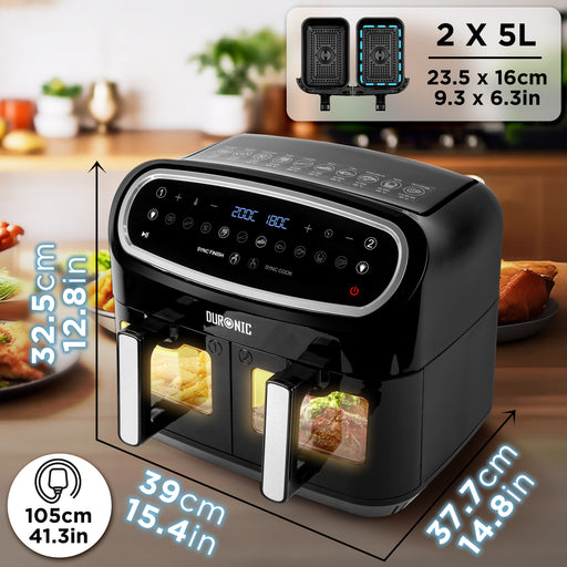 Duronic AF24 Freidora de Aire 2400 W, 2 Cestas de 5 L con Ventana, 50-200° | Mostrando un diagrama técnico de dimensiones de la freidora de aire doble en color negro y plata, especificando una altura de 32.5 cm / 12.8 in, un ancho de 39 cm / 15.4 in, una profundidad de 37.7 cm / 14.8 in, un cable de 105 cm / 41.3 in y una capacidad de 2 cestas de 5 litros con medidas de 23.5 x 16 cm (9.3 x 6.3 in)