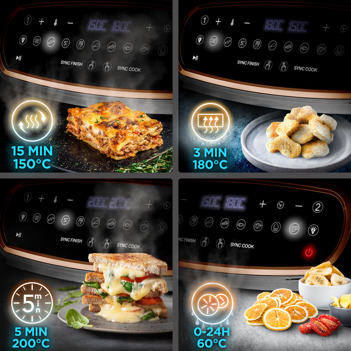 Duronic AF34 BG Freidora de aire sin aceite 2400 W | Mostrando cuatro paneles de control y ejemplos de funciones de cocción: calentamiento/recalentamiento (15 min a 150°C), descongelación (3 min a 180°C), tostado (5 min a 200°C) y deshidratación (de 0 a 24 horas a 60°C)