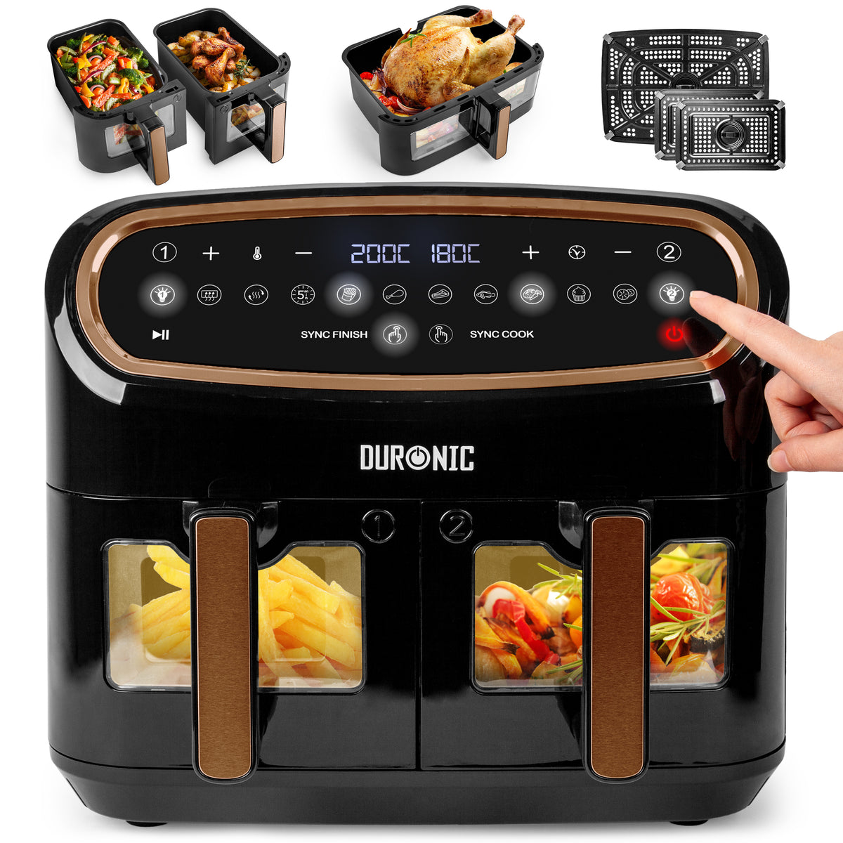 Duronic AF34 BG Freidora de aire sin aceite 2400 W | Mostrando la freidora de aire doble en color negro y detalles de bronce, con sus dos cestas con ventana de visualización y asas frontales, un panel de control digital superior táctil, y pequeñas imágenes superiores que muestran las opciones de cocina y accesorios