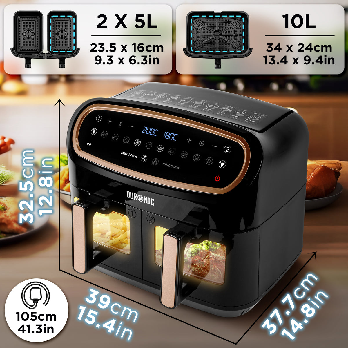 Duronic AF34 BG Freidora de aire sin aceite 2400 W | Mostrando un diagrama técnico de dimensiones de la freidora de aire doble de color negro y bronce, indicando una altura de 32.5 cm / 12.8 in, ancho de 39 cm / 15.4 in, profundidad de 37.7 cm / 14.8 in, longitud del cable de 105 cm / 41.3 in, y las especificaciones de capacidad de las cestas (2 x 5L de 23.5 x 16 cm o 10L con placa grande de 34 x 24 cm)