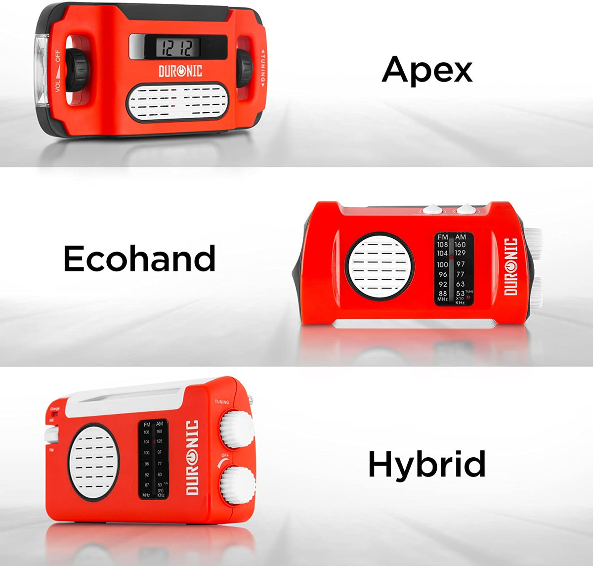 Duronic Apex, Ecohand y Hybrid Radios de Emergencia | Mostrando una comparativa de tres modelos de radios portátiles de emergencia de la marca Duronic en color rojo y negro sobre una superficie blanca brillante, destacando los modelos Apex con pantalla digital, Ecohand y Hybrid con diales de sintonización analógica y paneles laterales