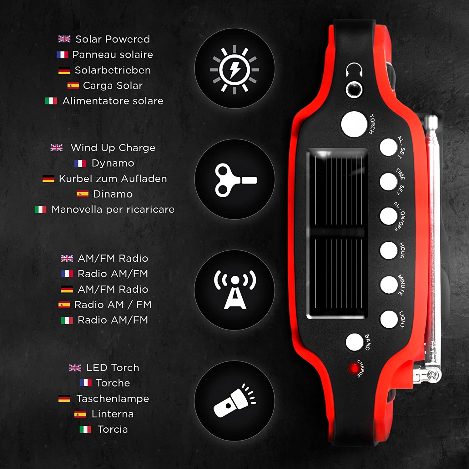 Duronic Apex Radio Solar de Emergencia con Manivela y Batería Recargable | Mostrando una vista cenital del panel superior de la radio portátil en color rojo y negro, acompañada de iconos explicativos y textos multilingües que detallan sus funciones principales: carga solar, carga por dinamo de manivela, sintonización de radio AM/FM y linterna LED integrada